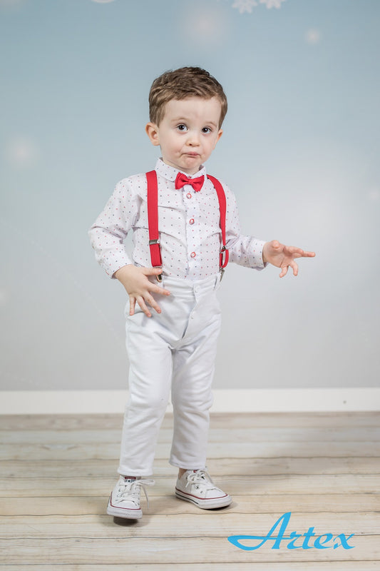 White set with red suspenders