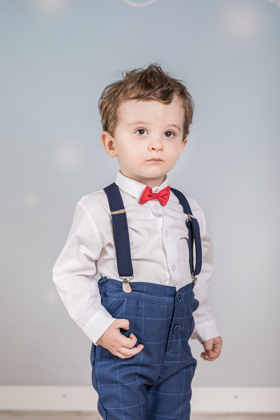 Set with suspenders navy blue checkered